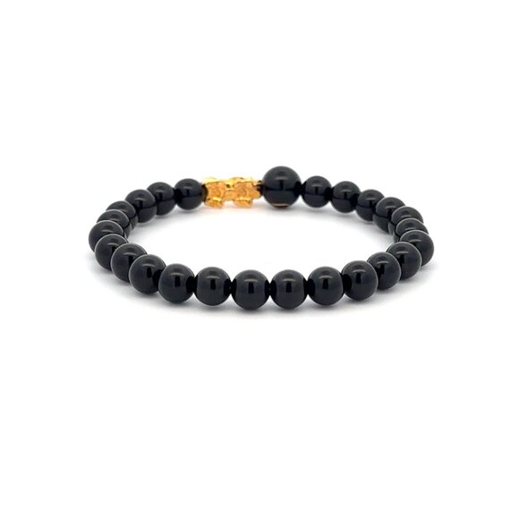 18K Gold Pixiu Piyao Bracelet Gemstones Onyx 6mm Elastic Bracelet Letter O - Picture 4 of 6